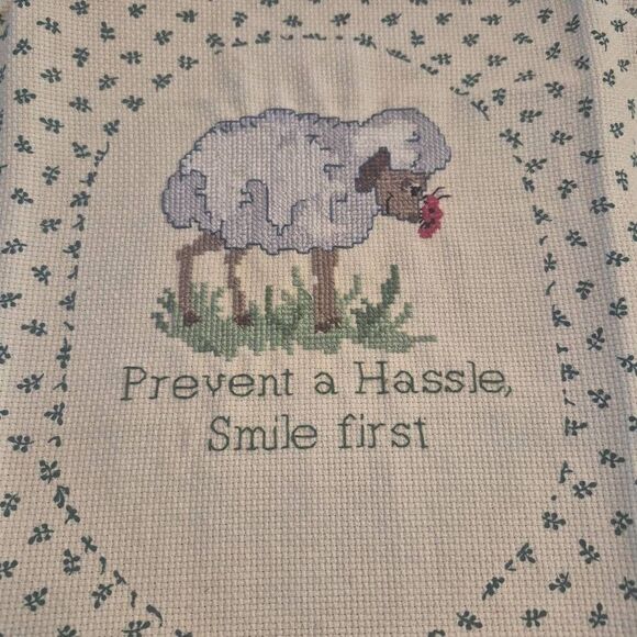 Cross Stitch, Vintage 1980 Lamb w ""prevent a hassle-smile first"" 15" x 15" - Picture 2 of 6